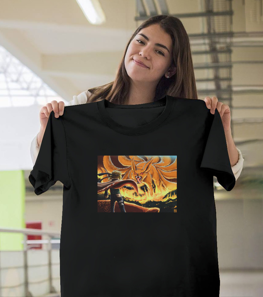 Minato and Kurama Epic Fiery Battle Scene with Ninja in Action T-Shirt