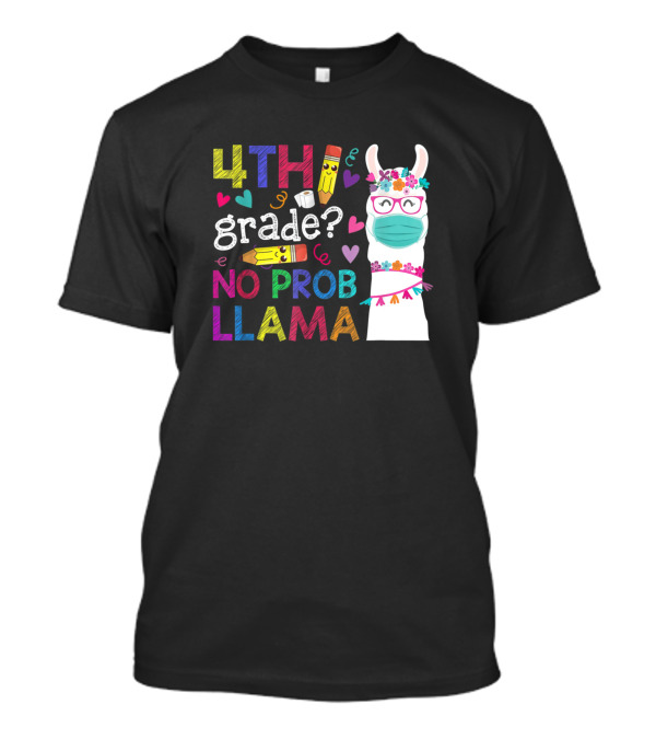 4Th Grade No Prob Llama With Mask And Colorful Hearts T-Shirt