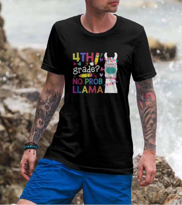4Th Grade No Prob Llama With Mask And Colorful Hearts T-Shirt