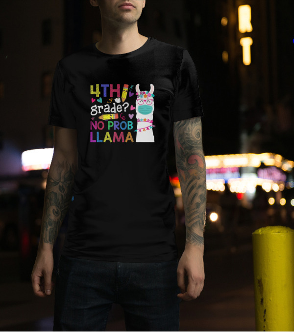 4Th Grade No Prob Llama With Mask And Colorful Hearts T-Shirt