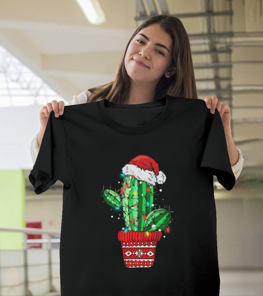 Christmas Lights Cactus Lover Cute Xmas Santa Hat Celebrate T-Shirt