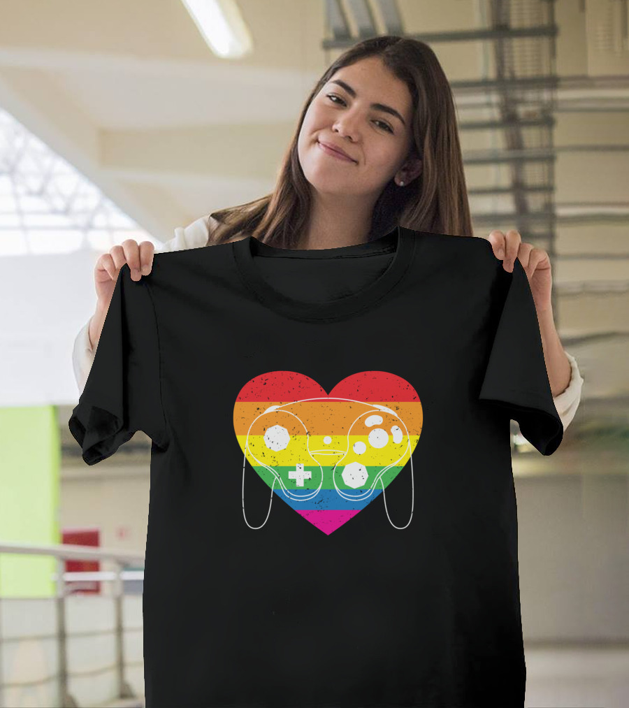 Rainbow Heart Game Controller Valentines Gaming Fun T-Shirt