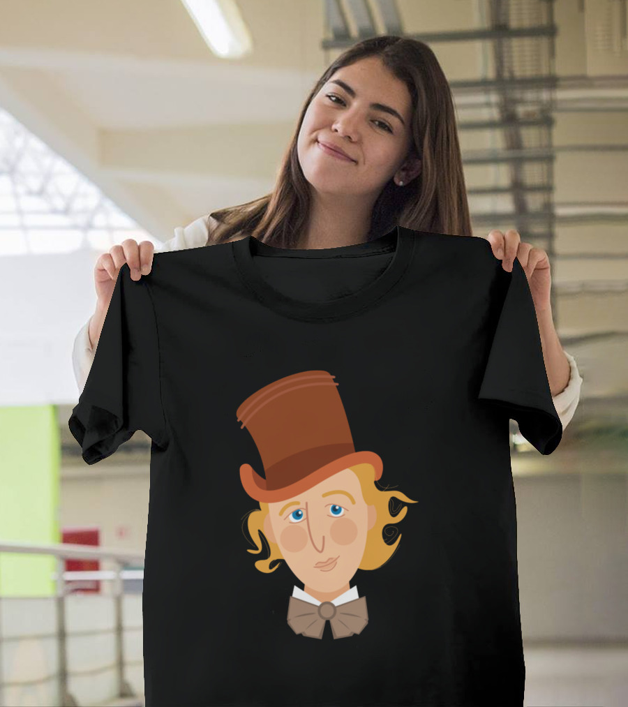 Willy Wonka Cartoon Portrait with Brown Top Hat and Bow Tie T-Shirt