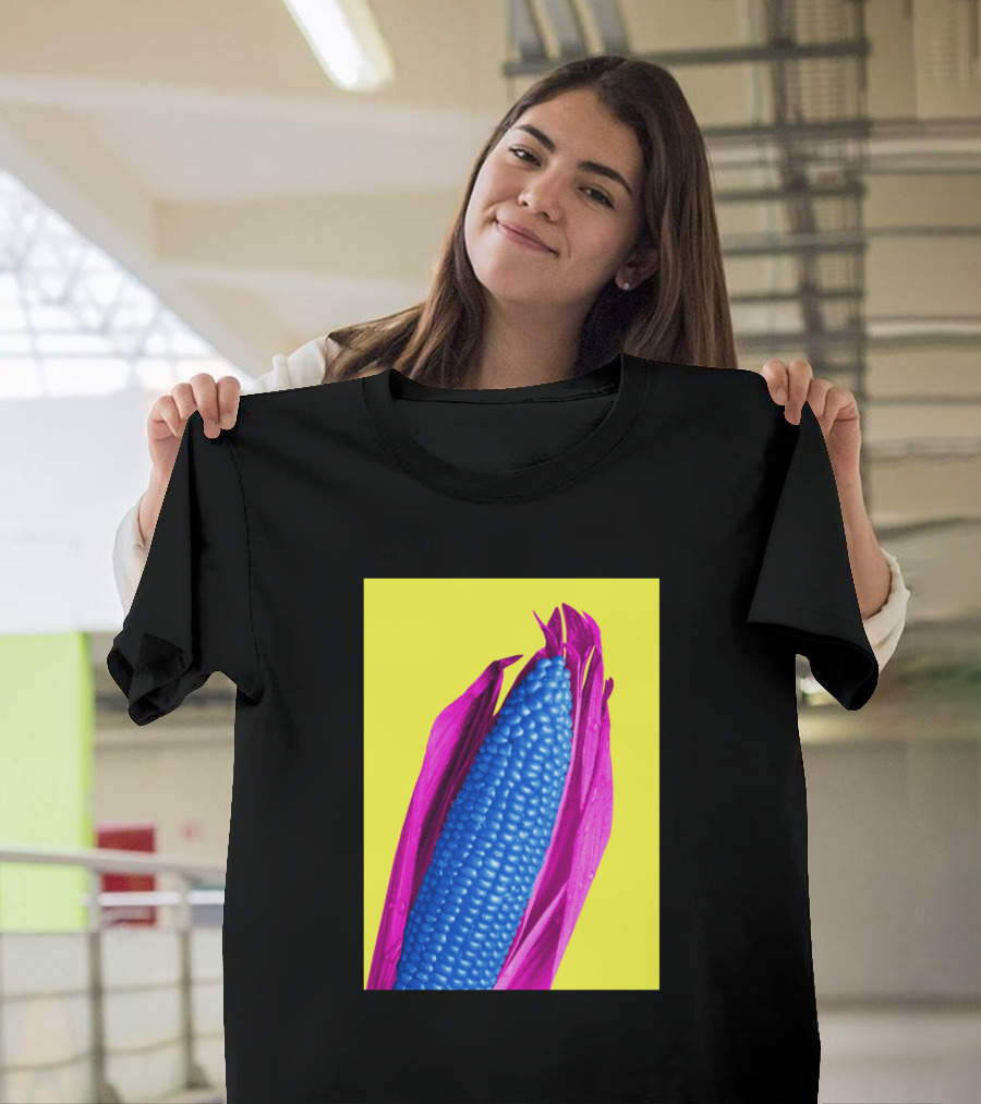 Corn Blue Kernels Pink Husks Yellow Background T-Shirt