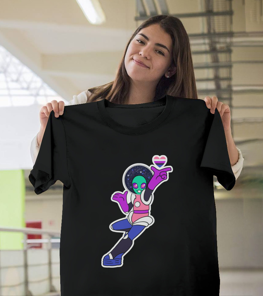 Genderfluid Alien Pride Space Explorer with Heart Flag T-Shirt