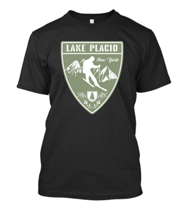 Lake Placid New York Skiing Shield With Mountains And Skier T-Shirt