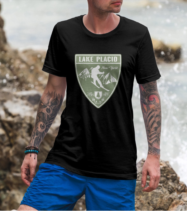 Lake Placid New York Skiing Shield With Mountains And Skier T-Shirt