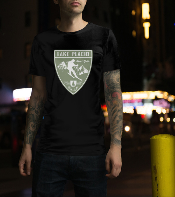 Lake Placid New York Skiing Shield With Mountains And Skier T-Shirt