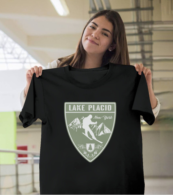 Lake Placid New York Skiing Shield With Mountains And Skier T-Shirt