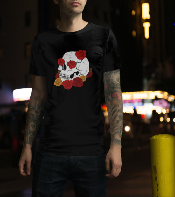Skull With Red And Yellow Roses T-Shirt