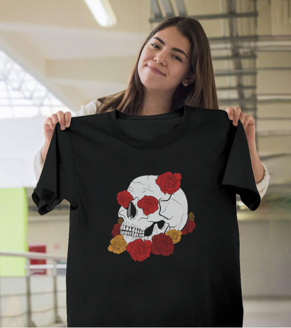 Skull With Red And Yellow Roses T-Shirt