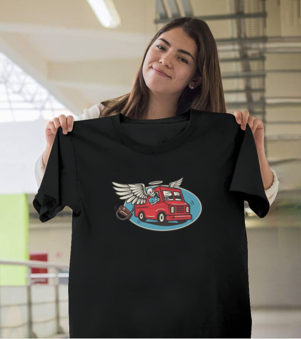 Skull Express Delivers Funny Death With Winged Van And Haloed Skeleton Driving Football Chained T-Shirt
