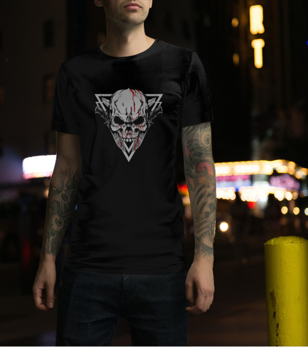 Skull With Blood And Triangular Geometric Background T-Shirt
