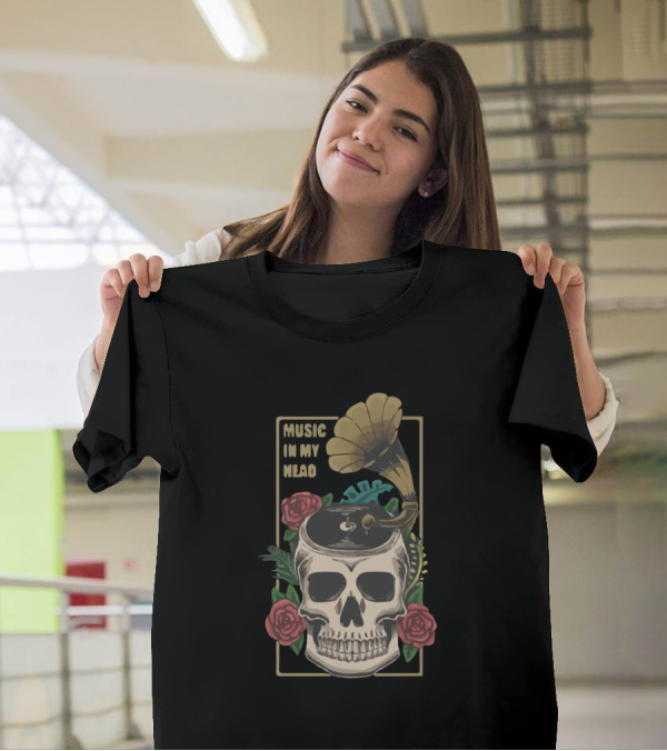 Music In My Head Skull With Gramophone And Roses T-Shirt