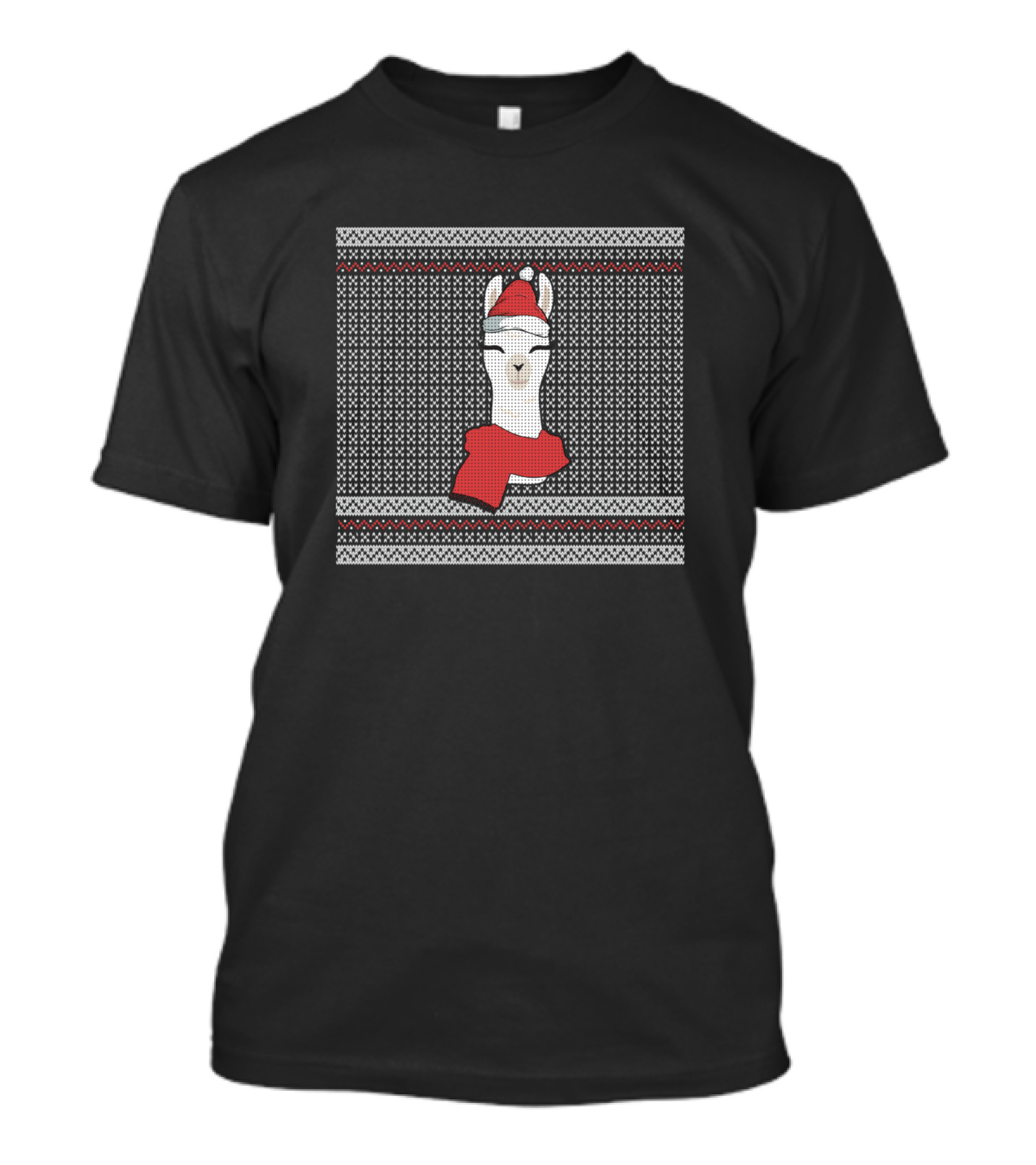 Smiling Llama Wearing Santa Hat And Red Scarf In Festive Knit Pattern Holiday Season T-Shirt
