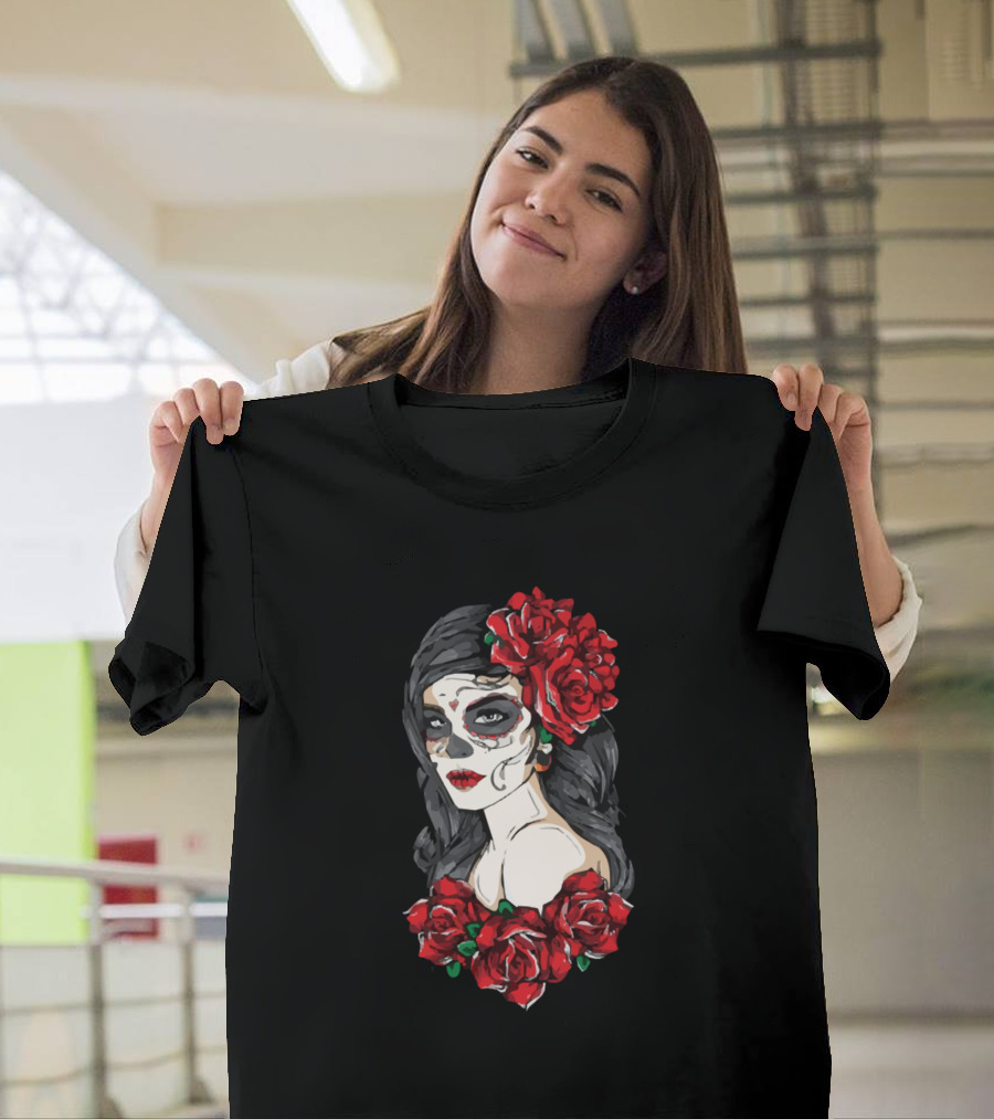 Sugarskull Girl Day of the Dead Red Roses T-Shirt