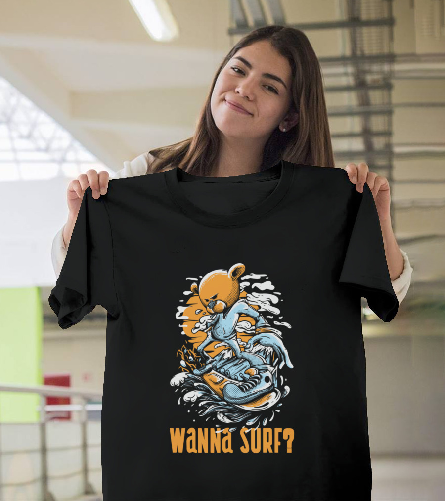 Wanna Surf? Cartoon Bear Riding Waves on Skateboard T-Shirt