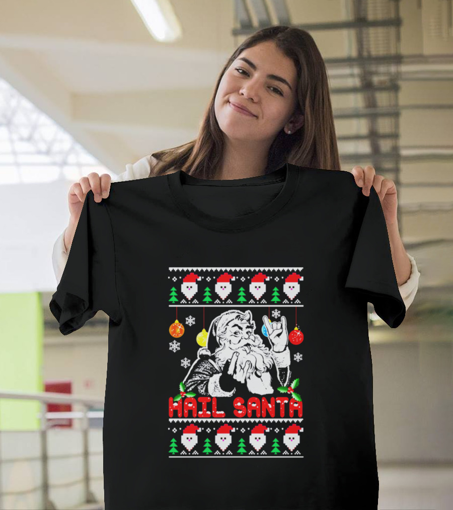Hail Santa Ugly Christmas Sweater Metal Horns Holiday Humor T-Shirt