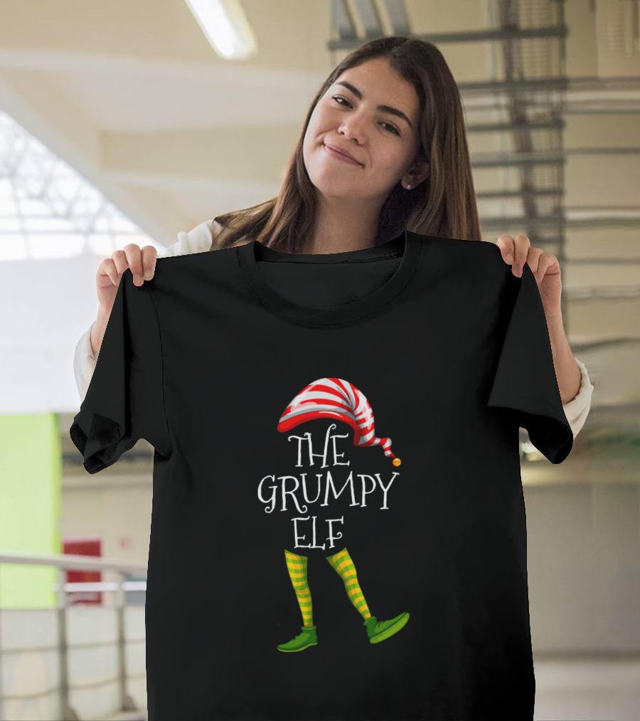 The Grumpy Elf Family Matching Christmas Striped Hat and Green Shoes T-Shirt