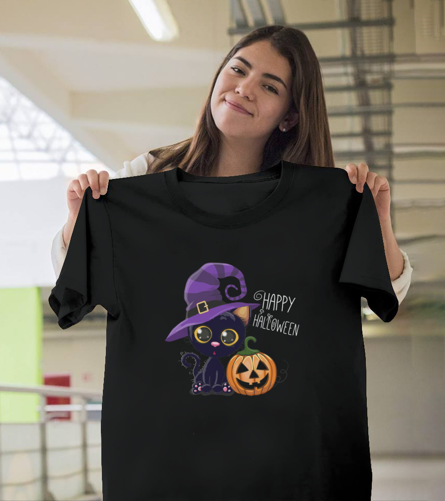 Happy Halloween Black Cat Kitty Funny Cats with Pumpkin T-Shirt