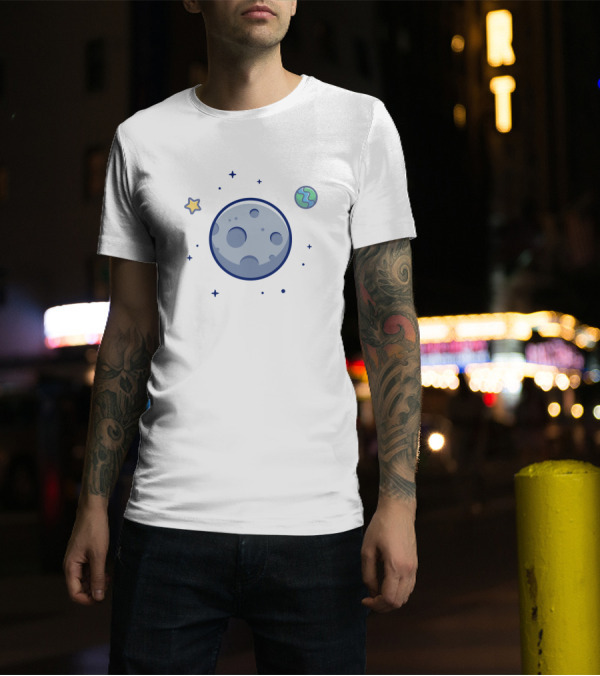Cartoon Moon And Earth In Space With Stars T-Shirt