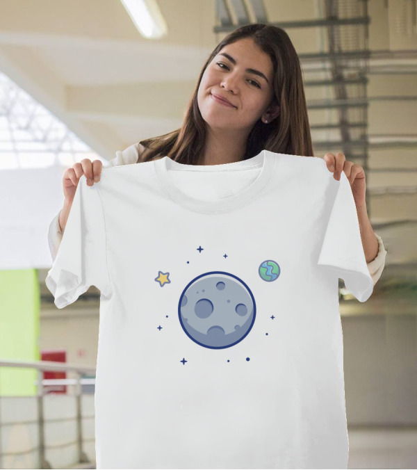 Cartoon Moon And Earth In Space With Stars T-Shirt