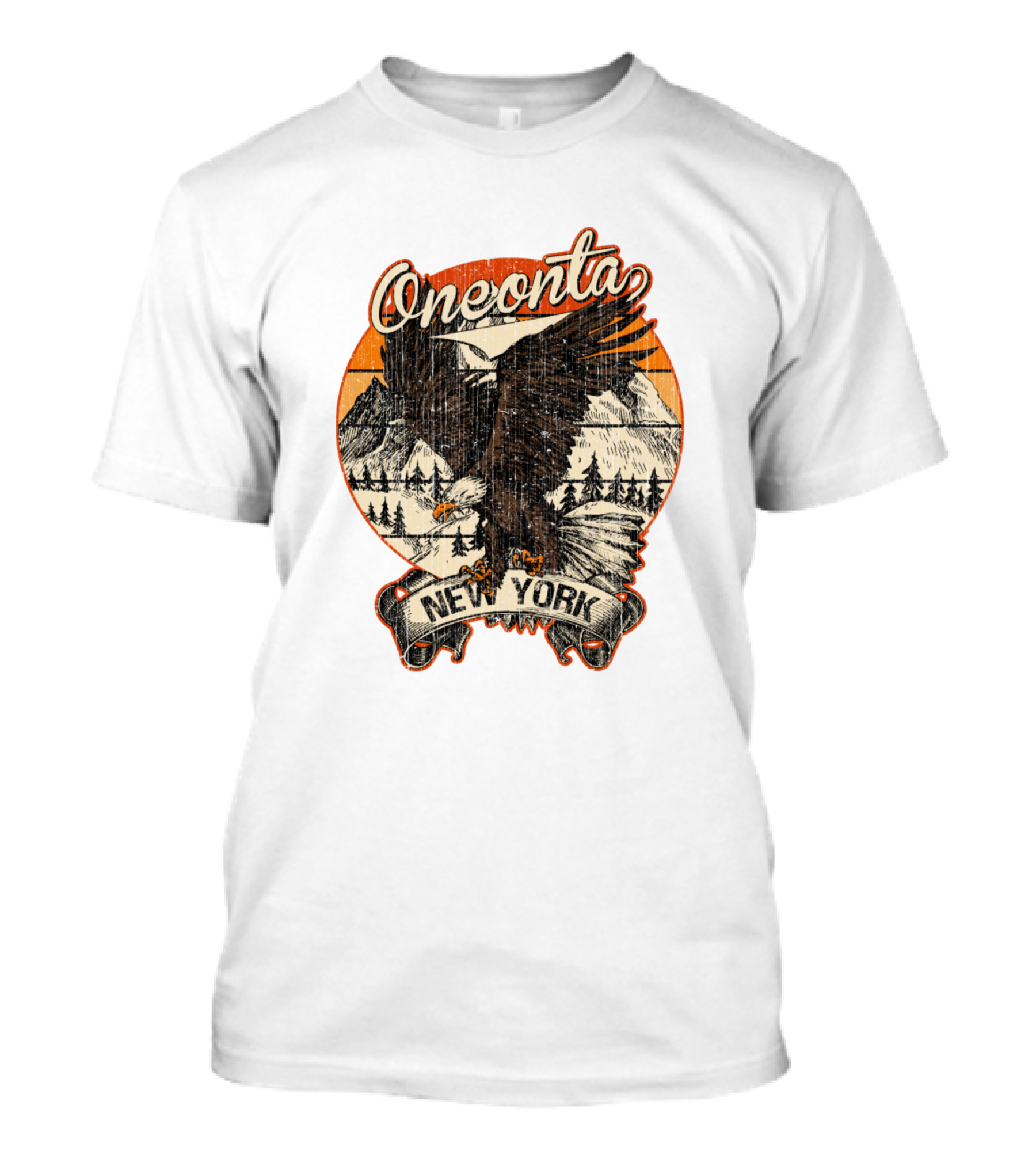 Oneonta New York Bald Eagle Retro Vintage Aesthetic Mountains Forest Scenery T-Shirt