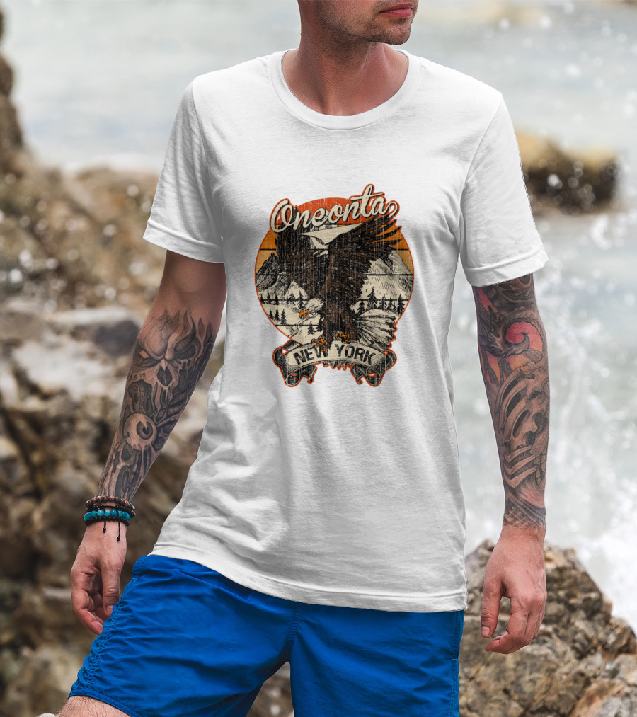 Oneonta New York Bald Eagle Retro Vintage Aesthetic Mountains Forest Scenery T-Shirt
