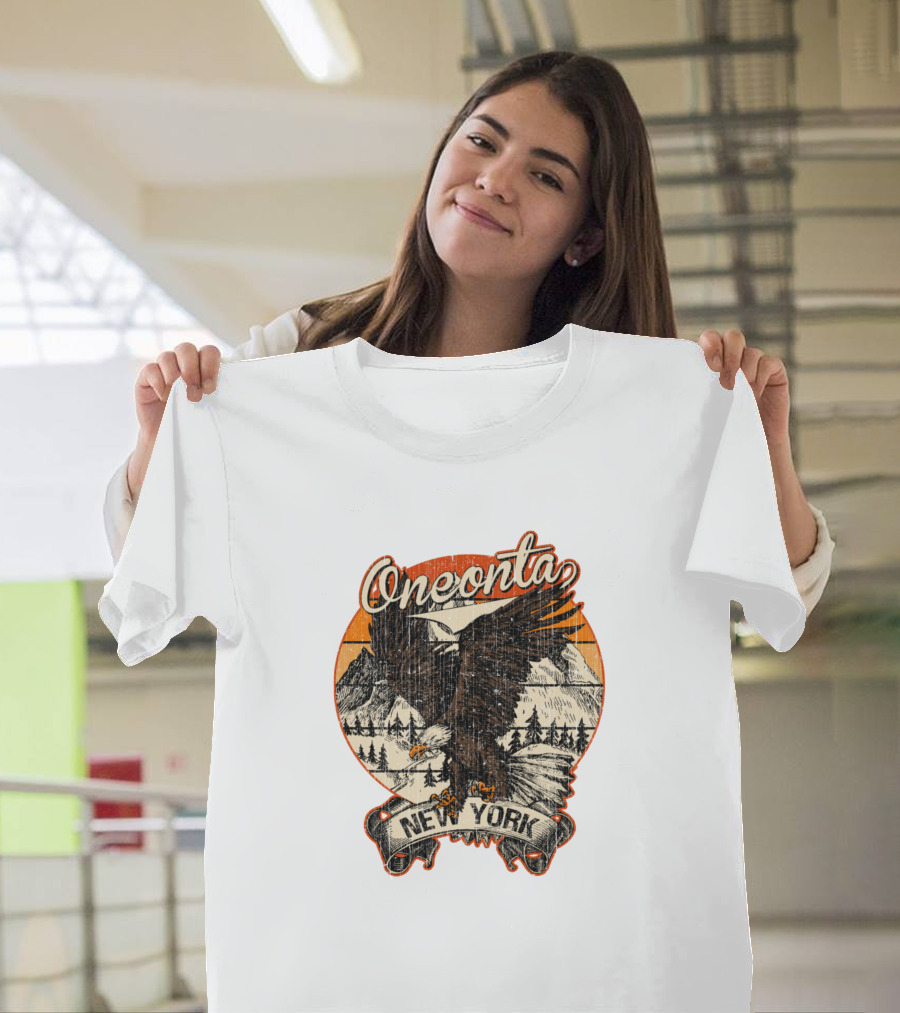 Oneonta New York Bald Eagle Retro Vintage Aesthetic Mountains Forest Scenery T-Shirt