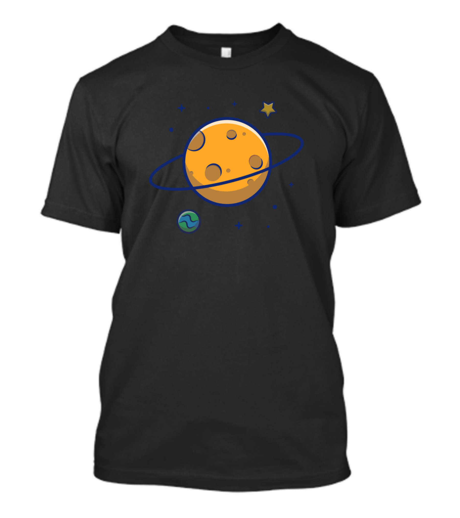 Planet Saturn Cartoon Celestial Scene With Moons And Stars T-Shirt