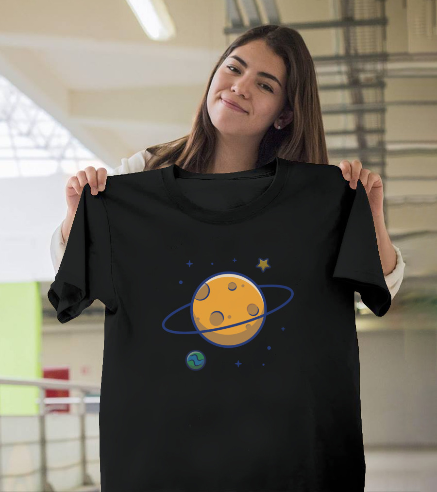 Planet Saturn Cartoon Celestial Scene With Moons And Stars T-Shirt