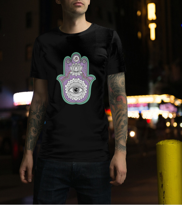 Purple Hamsa Hand Om Symbol Lotus Eye T-Shirt