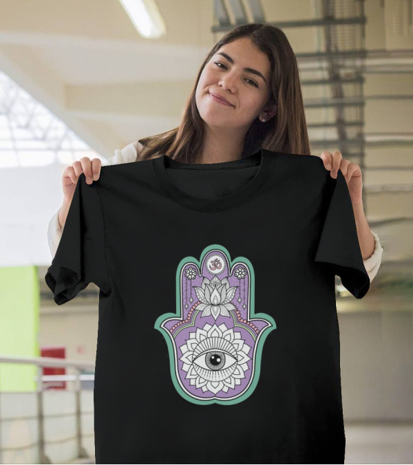 Purple Hamsa Hand Om Symbol Lotus Eye T-Shirt