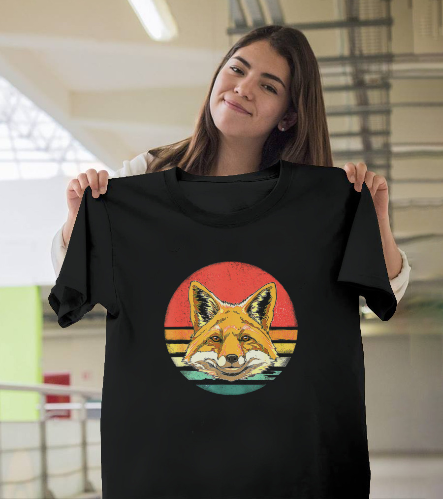 Retro Vintage Foxes Lover 70s Sunset Circle Fox Head T-Shirt