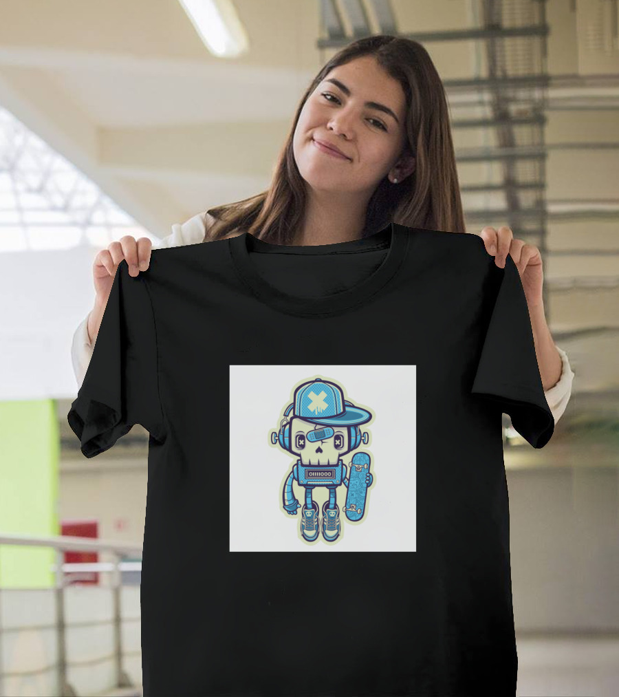 Robot Skull X Skater with Headphones and Cap T-Shirt