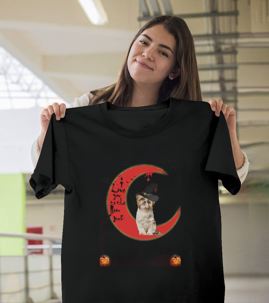 I Love You to the Moon and Back Halloween Dog with Witch Hat and Red Crescent Moon T-Shirt