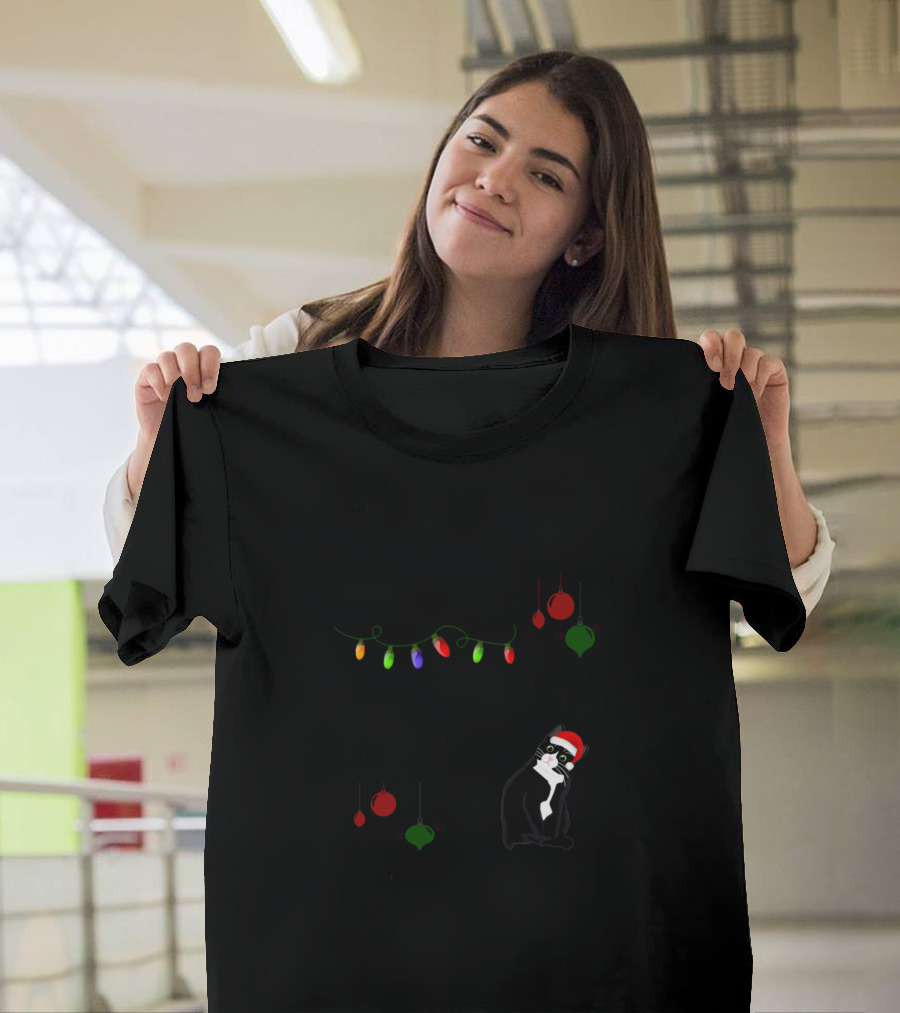 Tuxedo Around the Christmas Tree with Festive Lights and Santa Cat T-Shirt