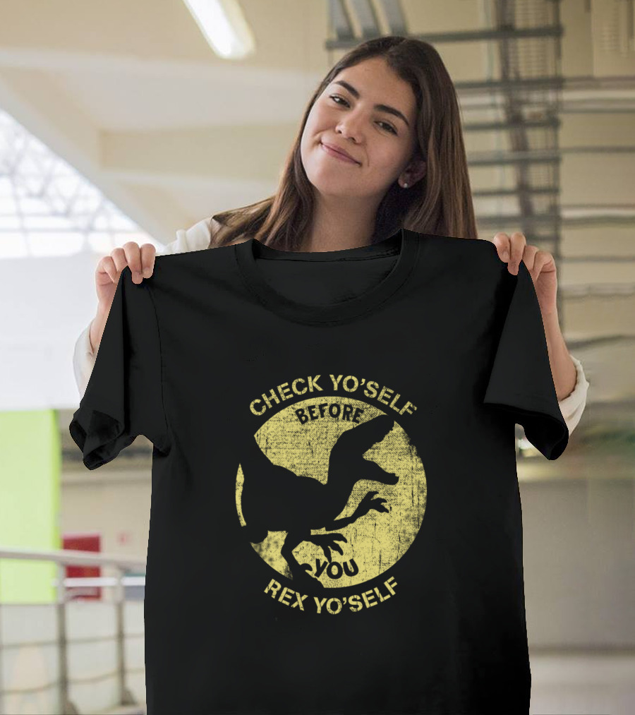 Check Yoself Before You Rex Yoself Dinosaur Silhouette Retro Humor T-Shirt