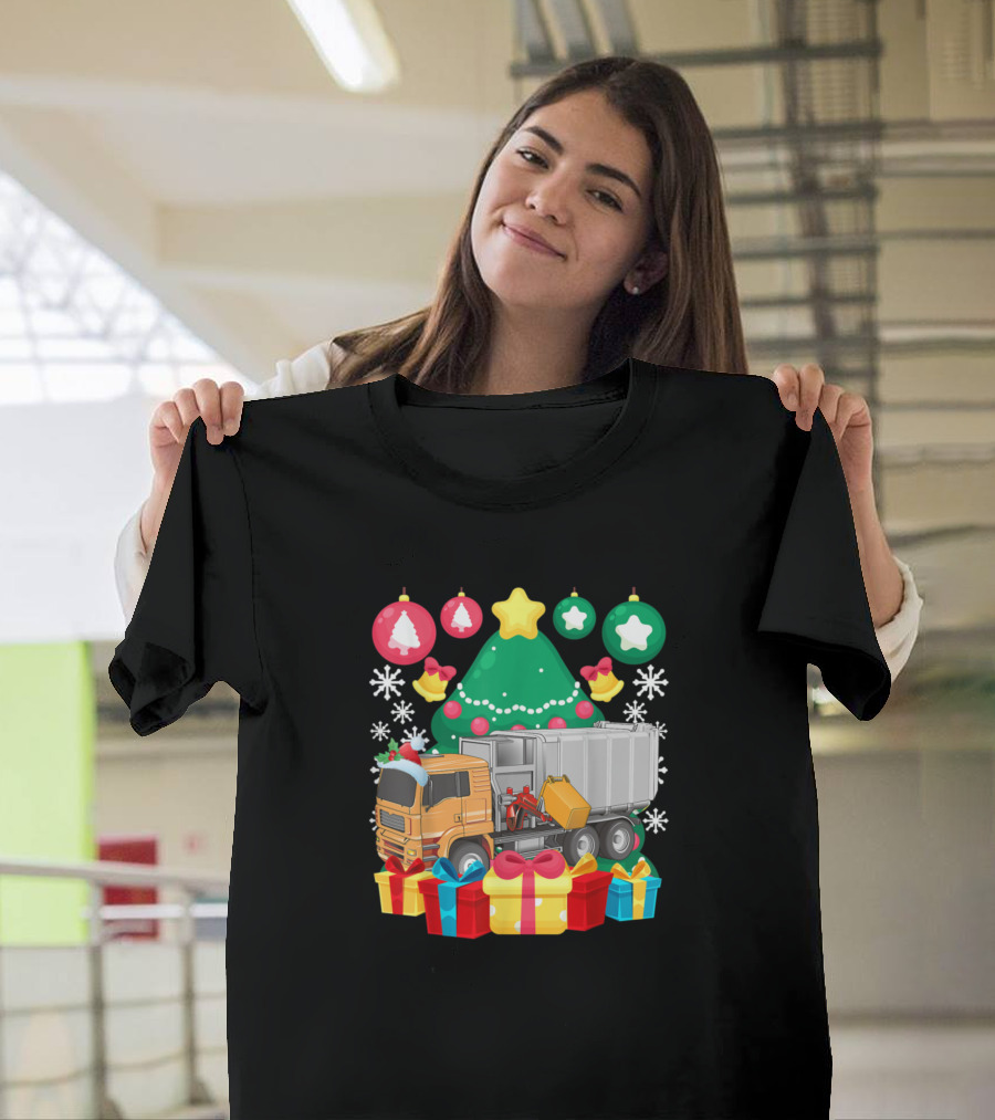 Garbage Truck Christmas Tree Lights with Festive Ornaments and Presents T-Shirt