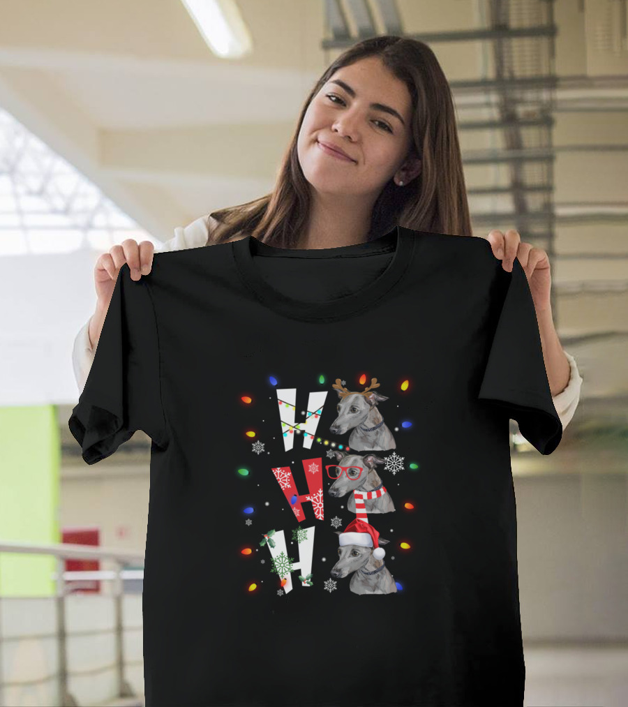 Ho Ho Ho Merry Christmas Italian Greyhound Reindeer Antlers Santa Hat Festive Lights T-Shirt