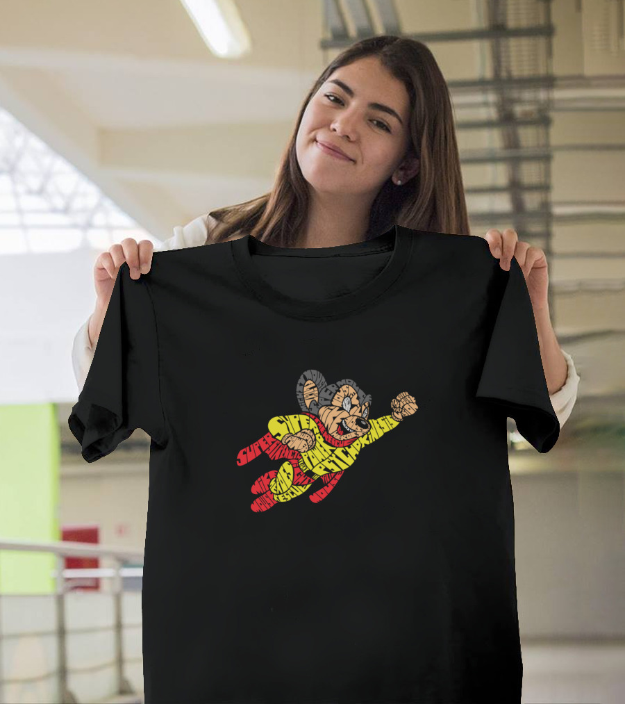 Super Mighty Mouse Calligram Flying Hero Text T-Shirt