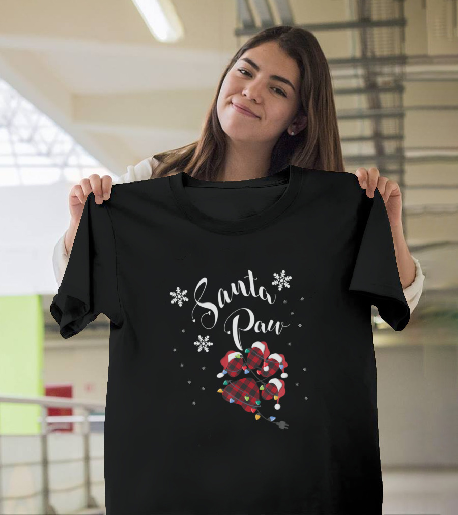 Santa Paw Festive Plaid Hat Lights and Snowflakes T-Shirt