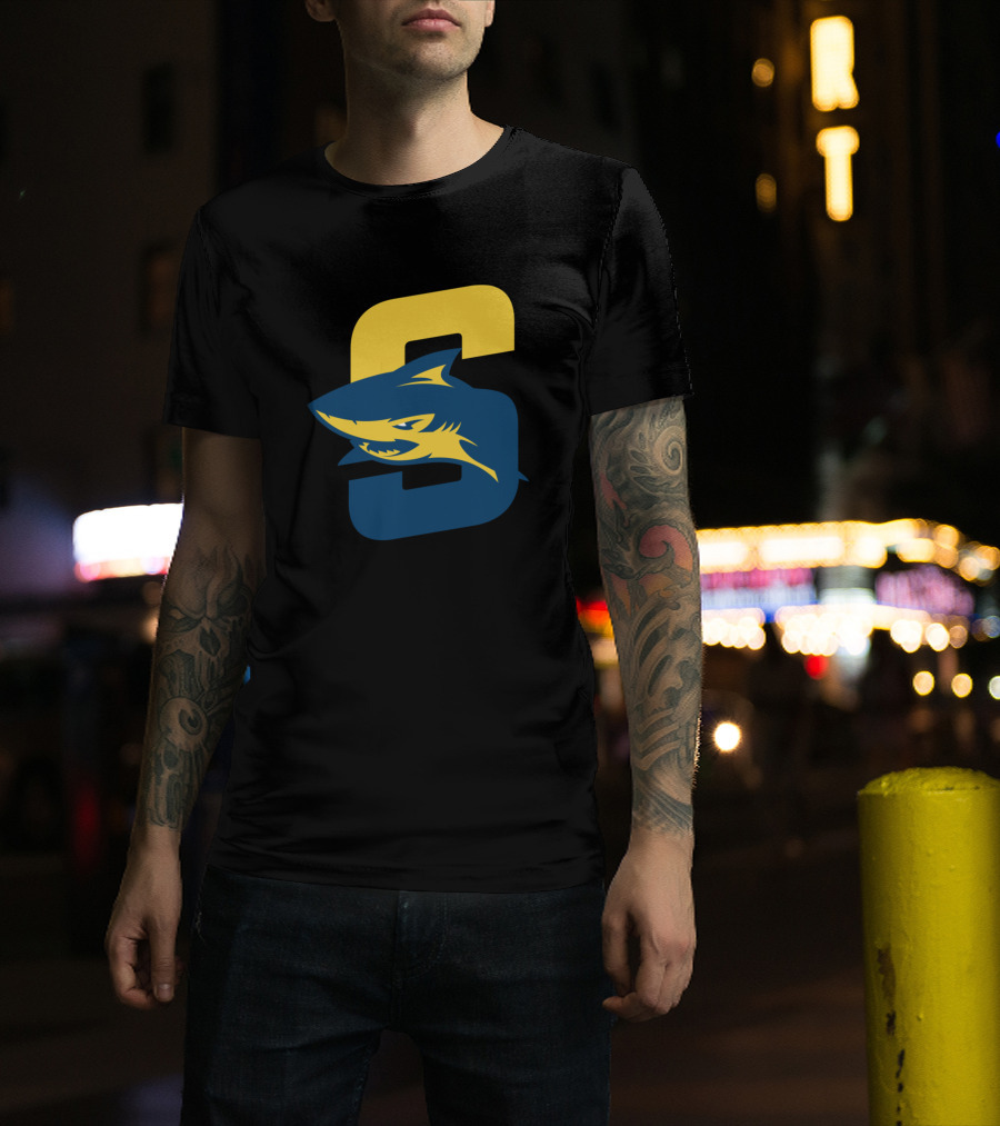 Simmons Sharks Bold Blue And Yellow Shark Emblem T-Shirt