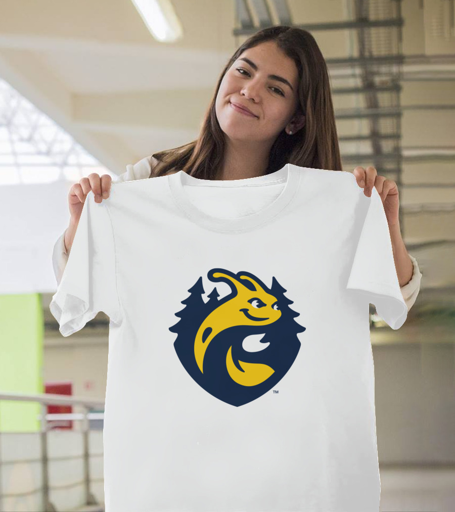 UC Santa Cruz Banana Slugs Yellow and Blue Logo with Forest Background T-Shirt