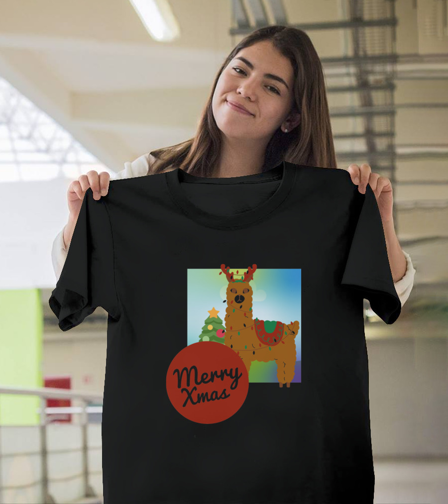 Merry Xmas Llama with Antlers and Christmas Tree T-Shirt