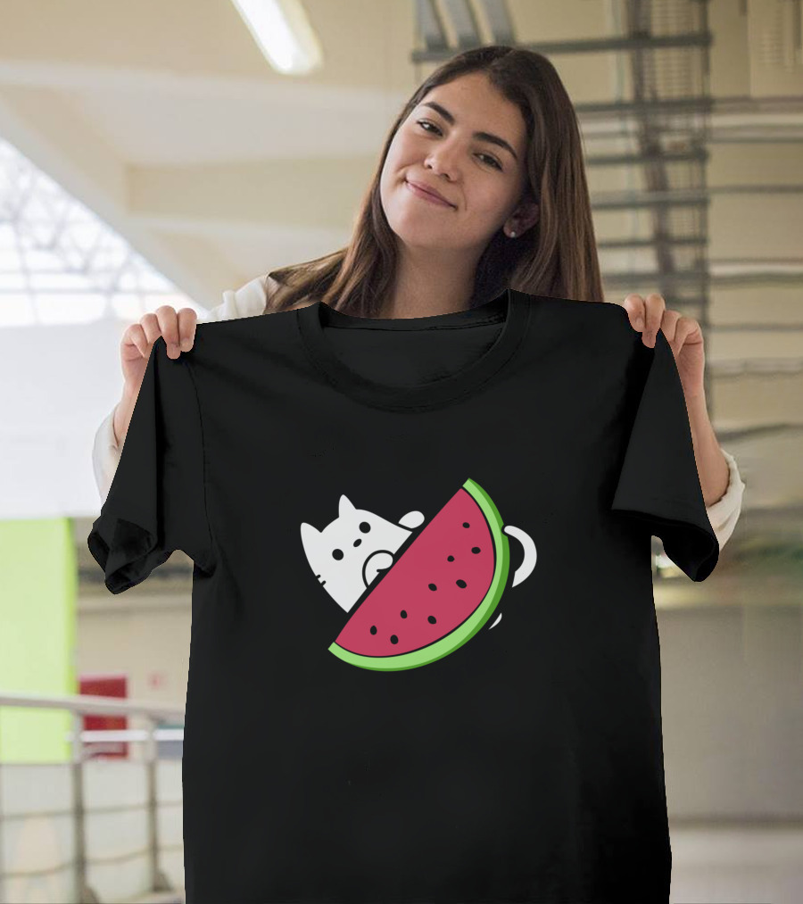 Cute White Cat Behind Juicy Watermelon Slice T-Shirt