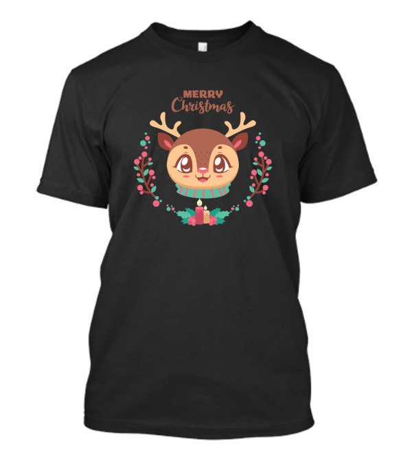 Merry Christmas Cute Festive Reindeer With Candle And Berries T-Shirt