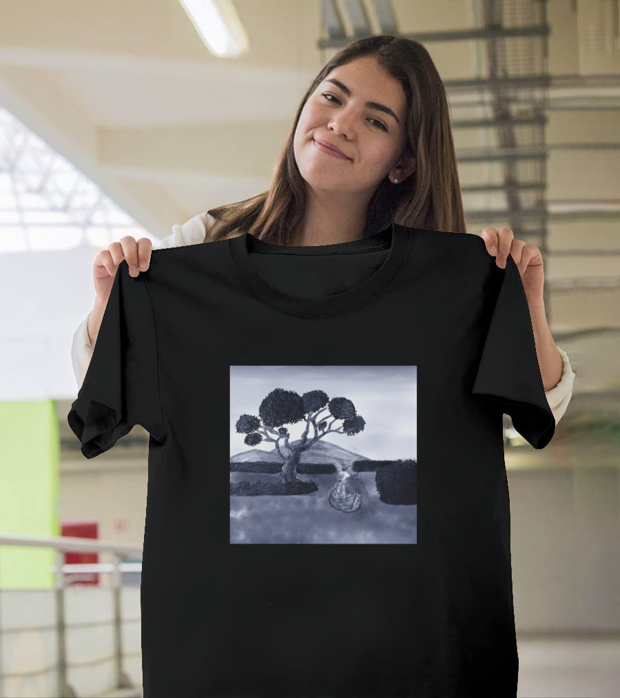 Uncharted Waters Blue Landscape with Tree and Boat T-Shirt