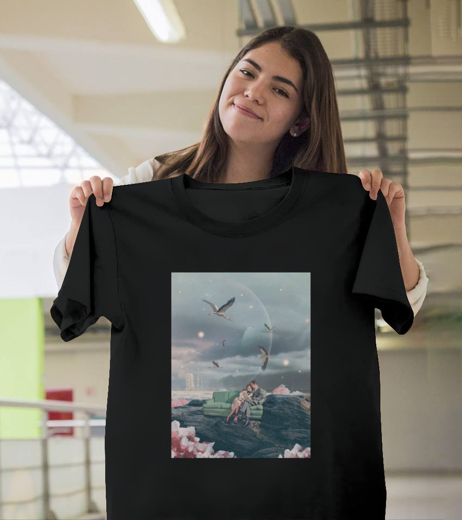 Evenings That I Can't Remember Dream Couch Under Celestial Skies with Birds and Crystals T-Shirt