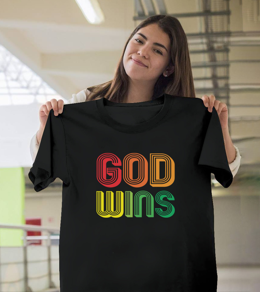God Wins Colorful Retro Christian Statement Red Yellow Green T-Shirt